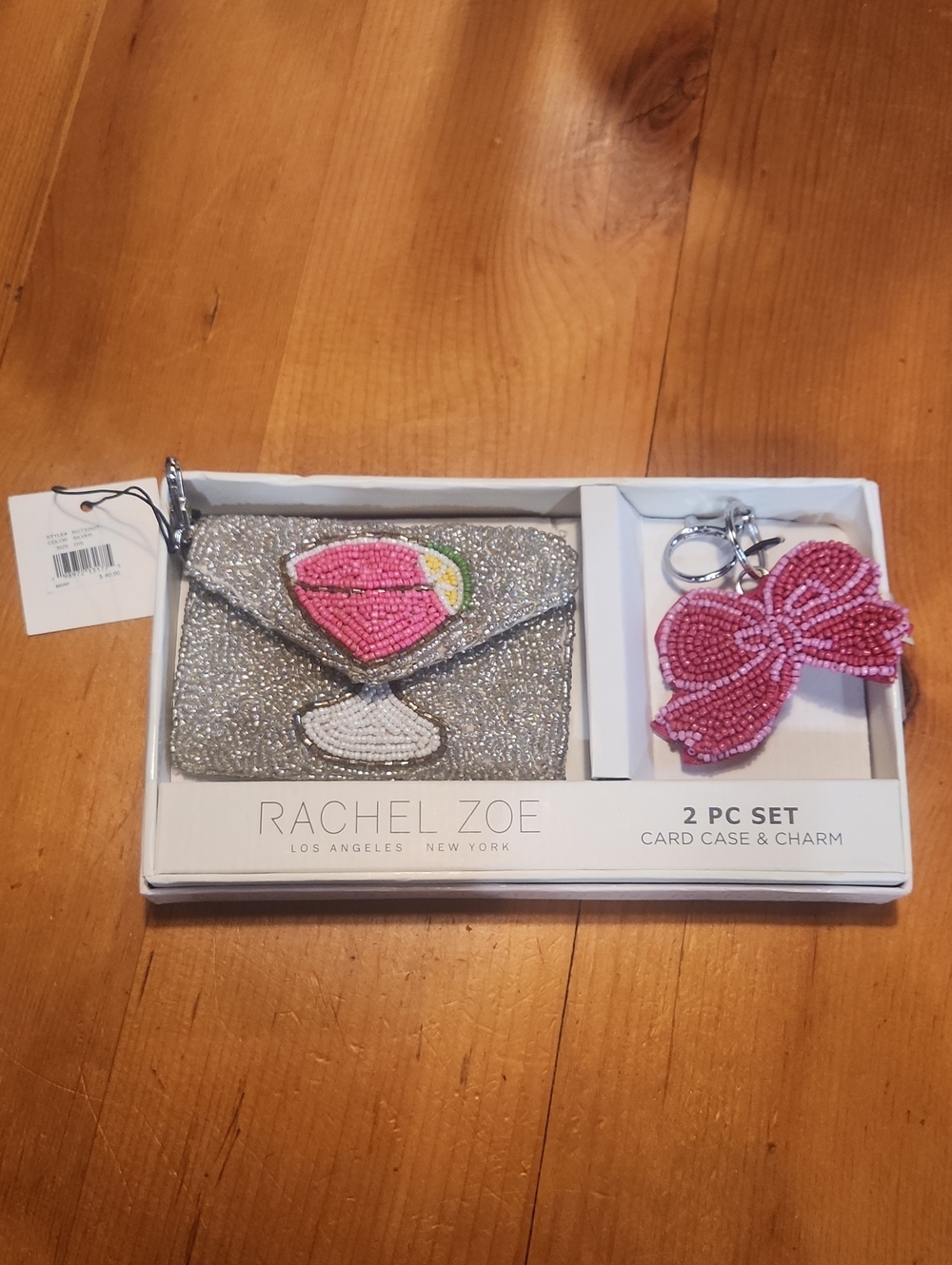 Rachel Zoe Silver Beaded Card Case with Pink Beaded Bow Charm